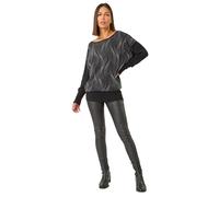 Roman Originals Women Diamante Embellished Jumper Ladies Sparkly Sequin Sweater Batwing Autumn Winter Sparkle Knit Knitwear Glittery Shiny Casual Evening Going Out Party - Noir Silver - Size 12