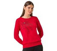 Roman Originals Women Diamante Embellished Jumper Ladies Sparkly Sequin Sweater Batwing Autumn Winter Sparkle Knit Knitwear Glittery Shiny Casual Evening Going Out Party - Crimson Red - Size 16