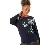 Roman Originals Women Diamante Embellished Jumper Ladies Sparkly Sequin Sweater Batwing Autumn Winter Sparkle Knit Knitwear Glittery Shiny Casual Evening Going Out Party - Navy - Size 20