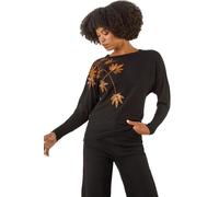 Roman Originals Women Diamante Embellished Jumper Ladies Sparkly Sequin Sweater Batwing Autumn Winter Sparkle Knit Knitwear Glittery Shiny Casual Evening Going Out Party - Noir Gold - Size 16