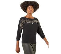 Roman Originals Women Diamante Embellished Jumper Ladies Sparkly Sequin Sweater Batwing Autumn Winter Sparkle Knit Knitwear Glittery Shiny Casual Evening Going Out Party - Black Floral - Size 10