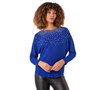 Roman Originals Women Diamante Embellished Jumper Ladies Sparkly Sweater Batwing Autumn Winter Sparkle Knit Knitwear Glittery Casual Evening Going Out Party Round Boat Neck - Royal Blue - Size 20