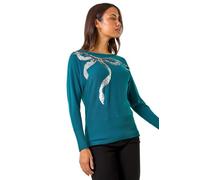 Roman Originals Women Diamante Embellished Jumper Ladies Sparkly Sweater Batwing Autumn Winter Sparkle Knit Knitwear Glittery Casual Evening Going Out Party Round Boat Neck - Teal Silver - Size 18