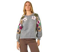 Roman Originals Women Embroidered Embellished Jumper - Ladies Round Neck Long Length Pretty Smart Casual Workwear Office Knitwear Sweatshirt Pullover - Floral Grey - Size 16