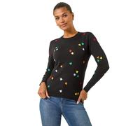 Roman Originals Women Embroidered Embellished Jumper - Ladies Round Neck Long Length Pretty Smart Casual Workwear Office Knitwear Sweatshirt Pullover - Black Multicoloured - Size 16