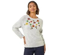 Roman Originals Women Embroidered Embellished Jumper - Ladies Round Neck Long Length Pretty Smart Casual Workwear Office Knitwear Sweatshirt Pullover - Grey - Size 12