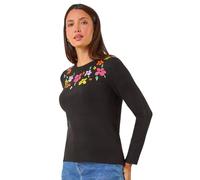 Roman Originals Women Embroidered Embellished Jumper - Ladies Round Neck Long Length Pretty Smart Casual Workwear Office Knitwear Sweatshirt Pullover - Black Multi - Size 20