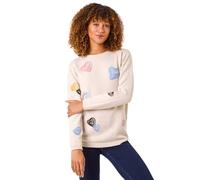 Roman Originals Women Embroidered Embellished Jumper - Ladies Round Neck Long Length Pretty Smart Casual Workwear Office Knitwear Sweatshirt Pullover - Natural - Size 14