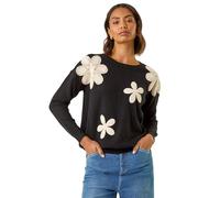 Roman Originals Women Embroidered Embellished Jumper - Ladies Round Neck Long Length Pretty Smart Casual Workwear Office Knitwear Sweatshirt Pullover - Noir Ivory - Size 14