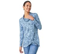 Roman Originals Women Flocked Floral Cowl Neck Tunic - Ladies Spring Everyday Summer Evening Vacation Work Holiday Long Sleeve Smart Casual - Blue - Size 12