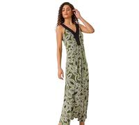 Roman Originals Women Floral Contrast Band Maxi Dress - Ladies Summer Holiday Evening Dinner Everyday Daywear Casual Stretch Jersey Sleeveless V Neck Floor Length Dress - Khaki - Size 18
