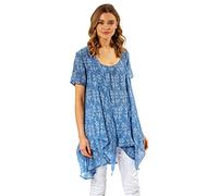 Roman Originals Women Floral Print Crinkle Tunic Top - Ladies Spring Casual Summer Short Sleeve Round Neck Comfy Long Loose Tops - Light Blue - Size 10