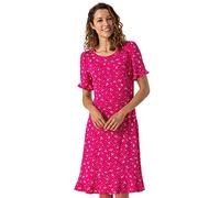 Roman Originals Women Floral Print Fluted Hem Dress - Ladies Spring Everyday Summer Evening Vacation Work Holiday Short Sleeve Smart Casual - Fuchsia - Size 14