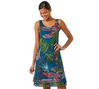 Roman Originals Women Floral Print Layered Fit & Flare Dress - Ladies Spring Everyday Summer Holiday Round Neckline Comfy Swing Shape Soft Sleeveless Relaxed Gown Frocks - Tropical Navy - Size 18