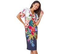 Roman Originals Women Floral Print Twist Front Scuba Dress - Ladies Spring Everyday Summer Holiday Vacation Work Casual Smart Comfy Soft Relaxed - Black - Size 12
