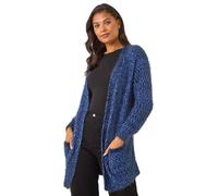 Roman Originals Women Fluffy Cardigan Ladies Winter Cardi Longline Edge to Edge Ombre Coatigan Casual Sparkly Glittery Jacket Knitwear Knitted Autumn Fleecy Cosy Soft Coats - Cobalt - Size 16