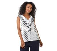 Roman Originals Women Frill Front Vest Top Ladies Ruffle Blouse Summer Spring Special Occasion Evening Holiday Cruise Cocktail Party Short Long Sleeve Sleeveless V-Neck - Petite White Navy - Size 14