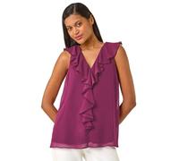 Roman Originals Women Frill Front Vest Top Ladies Ruffle Blouse Summer Spring Special Occasion Evening Holiday Cruise Cocktail Party Short Long Sleeve Sleeveless V-Neck - Magenta - Size 18