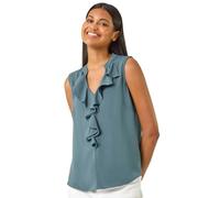 Roman Originals Women Frill Front Vest Top Ladies Ruffle Blouse Summer Spring Special Occasion Evening Holiday Cruise Cocktail Party Short Long Sleeve Sleeveless V-Neck - Light Denim - Size 18