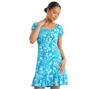 Roman Originals Women Gathered Chest Dress Ladies Stretchy Fit & Flare Swing Tea A Line Skater Empire Waist Ruched Knee Length Midi Smart Casual Work Going Out Party - Petite Turquoise - Size 12