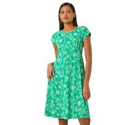 Roman Originals Women Gathered Chest Dress Ladies Stretchy Fit & Flare Swing Tea A Line Skater Empire Waist Ruched Knee Length Midi Smart Casual Work Going Out Party - Floral Green - Size 18