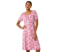 Roman Originals Women Gathered Chest Dress Ladies Stretchy Fit & Flare Swing Tea A Line Skater Empire Waist Ruched Knee Length Midi Smart Casual Work Going Out Party - Floral Pink - Size 20