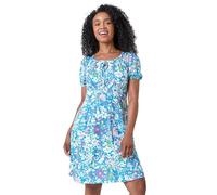Roman Originals Women Gathered Chest Dress Ladies Stretchy Fit & Flare Swing Tea A Line Skater Empire Waist Ruched Knee Length Midi Smart Casual Work Going Out Party - Blue Ivory - Size 14
