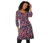 Roman Originals Women Gathered Chest Dress Ladies Stretchy Fit & Flare Swing Tea A Line Skater Empire Waist Ruched Knee Length Midi Smart Casual Work Going Out Party - Petite Wine Multi - Size 14