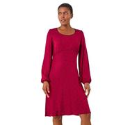 Roman Originals Women Gathered Chest Dress Ladies Stretchy Fit & Flare Swing Tea A Line Skater Knee Length Long Sleeve Midi Smart Casual Work Going Out Cocktail Party - Wine - Size 16