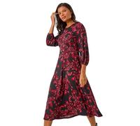 Roman Originals Women Gathered Chest Dress Ladies Stretchy Fit & Flare Swing Tea A Line Skater Knee Length Long Sleeve Midi Smart Casual Work Going Out Cocktail Party - Floral Red Noir - Size 18