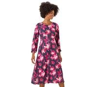Roman Originals Women Gathered Chest Dress Ladies Stretchy Fit & Flare Swing Tea A Line Skater Knee Length Long Sleeve Midi Smart Casual Work Going Out Cocktail Party - Pink Floral - Size 10