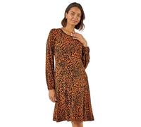 Roman Originals Women Gathered Chest Dress Ladies Stretchy Fit & Flare Swing Tea A Line Skater Knee Length Long Sleeve Midi Smart Casual Work Going Out Cocktail Party - Abstract Tan - Size 18