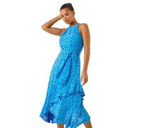 Roman Originals Women Halter Neck Frill Midi Dress - Ladies Special Occasion Evening Party Wedding Guest Print Ruffle Detail Sleeveless Round Neck Dresses - Spot Blue - Size 18