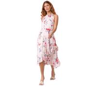 Roman Originals Women Halter Neck Frill Midi Dress - Ladies Special Occasion Evening Party Wedding Guest Print Ruffle Detail Sleeveless Round Neck Dresses - Pink Blue Fuschia - Size 14