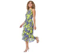 Roman Originals Women Halter Neck Frill Midi Dress - Ladies Special Occasion Evening Party Wedding Guest Print Ruffle Detail Sleeveless Round Neck Dresses - Lime Navy - Size 18