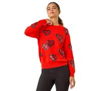 Roman Originals Women Heart Embroidered Jumper - Ladies Round Neck Long Length Pretty Smart Casual Workwear Office Knitwear Sweatshirt Pullover - Orange - Size 20