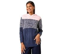 Roman Originals Women Jumper with Hood Ladies Winter Knitted Hoodie with Pockets Fairisle Nordic Aztec Print Hooded Sweater Knit Knitwear Autumn Flattering Casual Smart - Navy Pink - Size 14