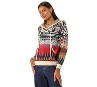 Roman Originals Women Jumper with Hood Ladies Winter Knitted Hoodie with Pockets Fairisle Nordic Aztec Print Hooded Sweater Knit Knitwear Autumn Flattering Casual Smart - Navy Jacquard - Size 12