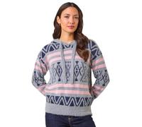 Roman Originals Women Jumper with Hood Ladies Winter Knitted Hoodie with Pockets Fairisle Nordic Aztec Print Hooded Sweater Knit Knitwear Autumn Flattering Casual Smart - Grey Pink Navy - Size 10