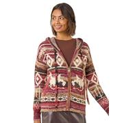 Roman Originals Women Jumper with Hood Ladies Winter Knitted Hoodie with Pockets Fairisle Nordic Aztec Print Hooded Sweater Knit Knitwear Autumn Flattering Casual Smart - Burgundy - Size 12