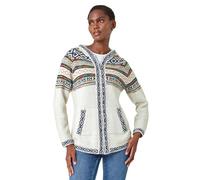Roman Originals Women Jumper with Hood Ladies Winter Knitted Hoodie with Pockets Fairisle Nordic Aztec Print Hooded Sweater Knit Knitwear Autumn Flattering Casual Smart - Off White - Size 14