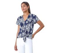 Roman Originals Women Knot Tie Hem Top - Ladies Blouse Shirt Burnout Print Summer Sleeveless Short Sleeve Spring Everyday Holiday Notch Neckline Comfy Soft Relaxed - Navy & Ivory - Size 20