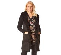 Roman Originals Women Longline Faux Shearling Knit Coatigan - Ladies Everyday Autumn Winter Daywear Waterfall Cosy Warm Knitted Chunky Thick Cardigans Long Sleeve Coatigans - Black - Size 14