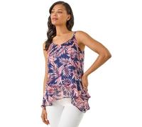 Roman Originals Women Lurex Floral Overlay Cami Top - Ladies Smart Casual Day Party Holiday Cruise Printed Long Asymmetric Strappy Sleeveless Vest Camisole Tops - Navy - Size 12