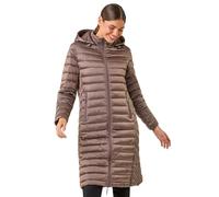 Roman Originals Women Padded Longline Coat with Hood - Ladies Zip Through Autumn Winter Long Length Lightweight Quilted Warm Cosy Everyday Zip Up Casual Jackets Coats - Light Mocha - Size 12