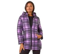 Roman Originals Women Padded Longline Coat with Hood - Ladies Zip Through Autumn Winter Long Length Lightweight Quilted Warm Cosy Everyday Zip Up Casual Jackets Coats - Purple & Black - Size 18