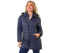 Roman Originals Women Padded Longline Coat with Hood - Ladies Zip Through Autumn Winter Long Length Lightweight Quilted Warm Cosy Everyday Zip Up Casual Jackets Coats - Petite Metallic Navy - Size 8