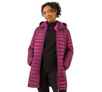 Roman Originals Women Padded Longline Coat with Hood - Ladies Zip Through Autumn Winter Long Length Lightweight Quilted Warm Cosy Everyday Zip Up Casual Jackets Coats - Petite Magenta - Size 16