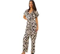 Roman Originals Women Petite Tropical Print Tie Waist Jersey Jumpsuit - Ladies Spring Everyday Summer Holiday Vacation Work Casual Smart Comfy Soft Relaxed - Black - Size 8