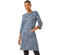 Roman Originals Women Shift Dress with Pockets - Ladies Autumn Winter Tunic 3/4 Length Sleeve Knee Length Smart Casual Office Work Cocktail Party Round Neckline Comfy Soft - Blue Paisley - Size 16